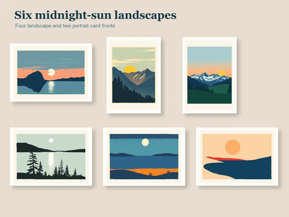 Six framed Nordic-inspired landscapes show midnight-sun skies, mountains, calm fjords, pale reflections and an amber shore as four landscape and two portrait printable card fronts