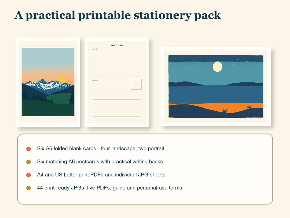 A portrait snow-ridge card front, portrait postcard writing back and landscape amber-shore front above a list of included cards, postcards, PDFs, JPGs, guide and personal-use terms