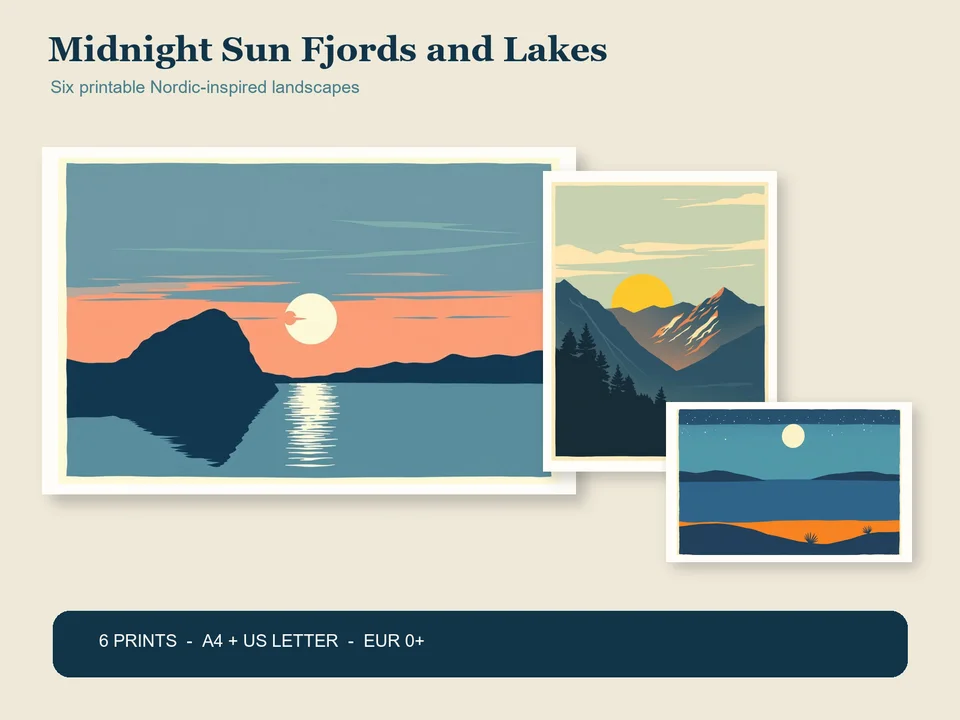 Three framed Nordic-inspired midnight-sun landscapes show calm fjords, lakes and distant mountains beneath the title Midnight Sun Fjords and Lakes and a EUR 0+ offer
