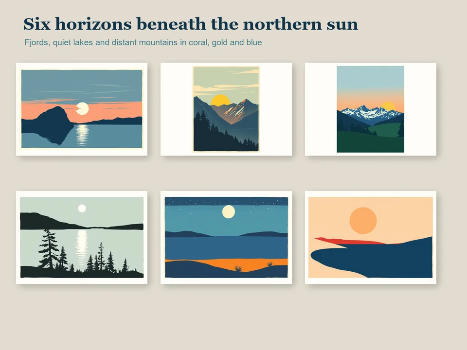 All six printable fjord, lake, shoreline and mountain landscapes arranged in a coordinated two-row gallery