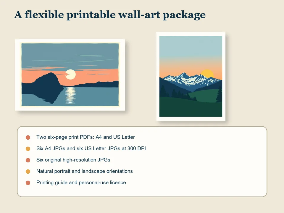Two framed landscape prints above a list of the included A4, US Letter, high-resolution JPG and printing-guide files