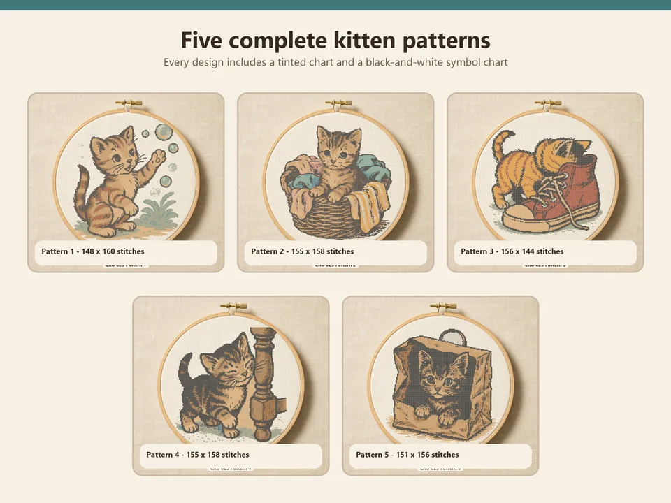 The five kitten designs and the chart files included in the download