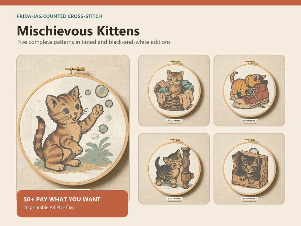 Five Mischievous Kittens cross-stitch pattern previews