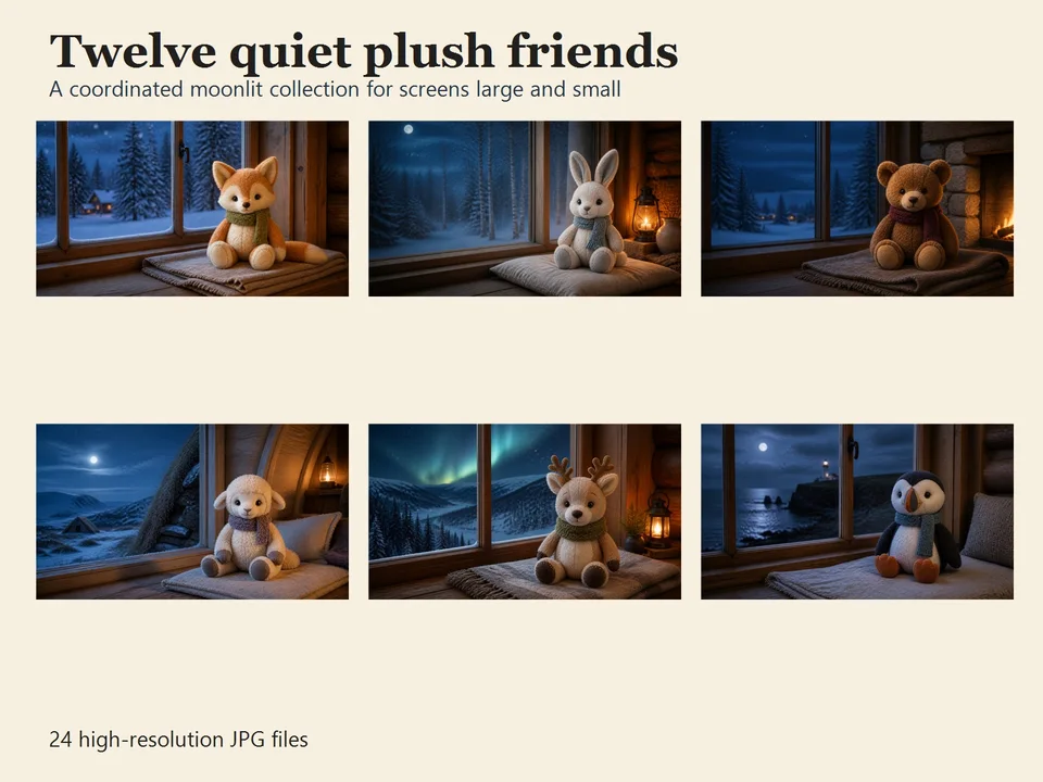 Collection preview showing plush-animal scenes beside softly lit moonlit winter windows
