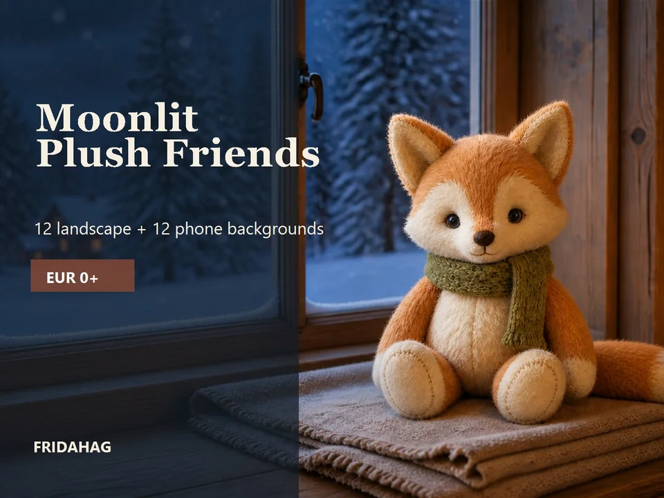 Plush fox beside a moonlit winter window with the title Moonlit Plush Friends and details of the free background collection