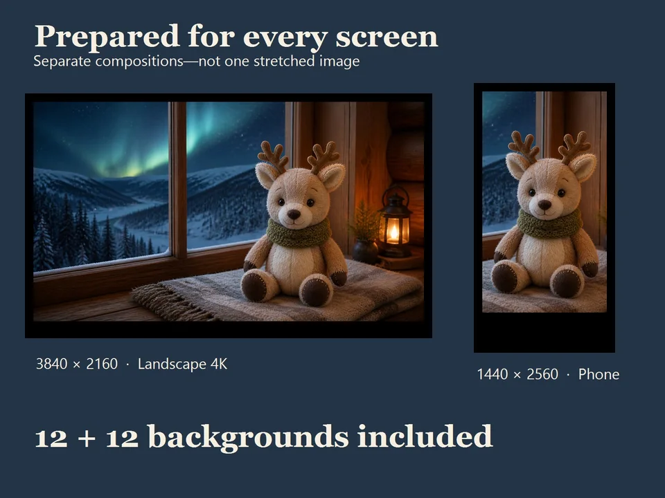 Plush reindeer shown in widescreen monitor and portrait phone formats to demonstrate the two supplied compositions