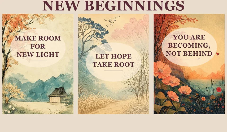 Three New Beginnings spring affirmation posters about new light, hope taking root and becoming without being behind
