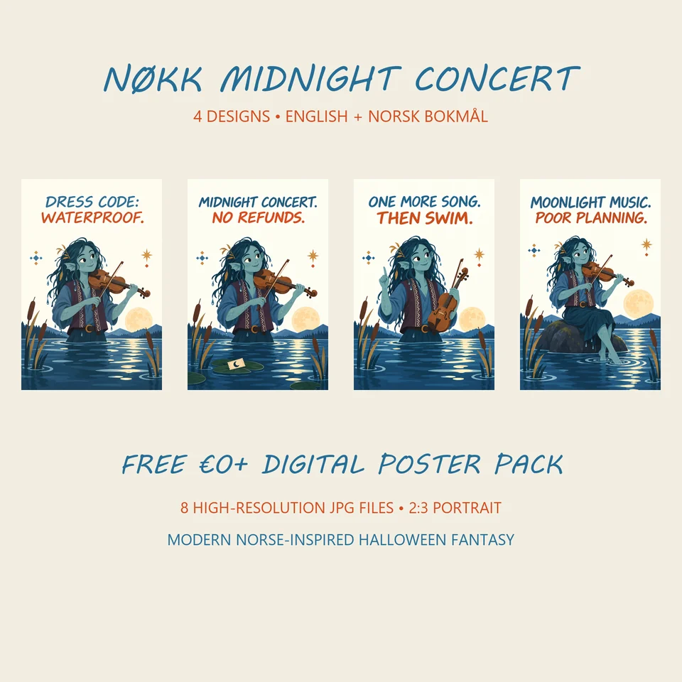 Four flat Scandinavian Halloween posters featuring Nøkk playing violin beside dark Nordic water