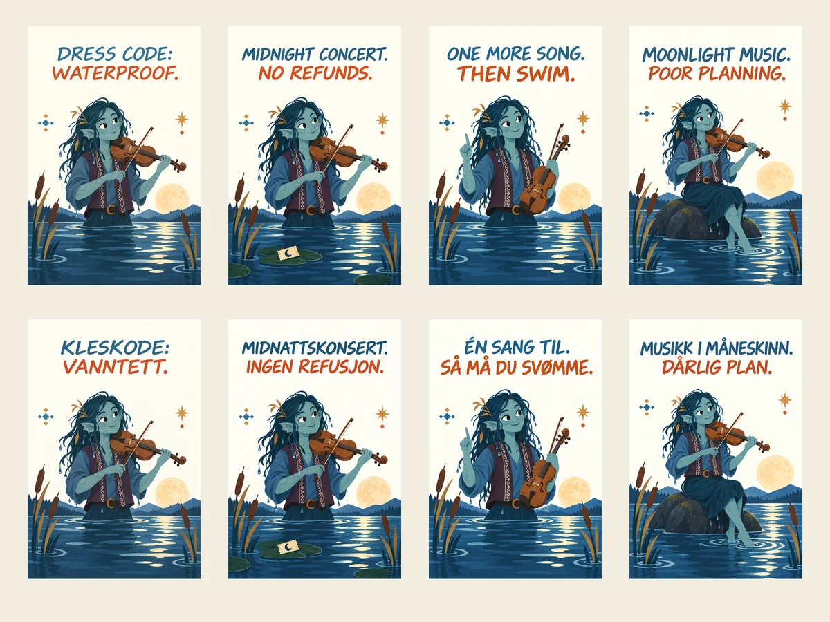 Bilingual gallery showing four designs in English and Norwegian Bokmål: four flat scandinavian halloween posters featuring nøkk playing violin beside dark nordic water