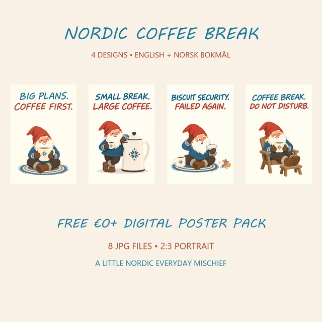 Four humorous Scandinavian-style Nordic Coffee Break poster designs with cream backgrounds and blue-and-red lettering