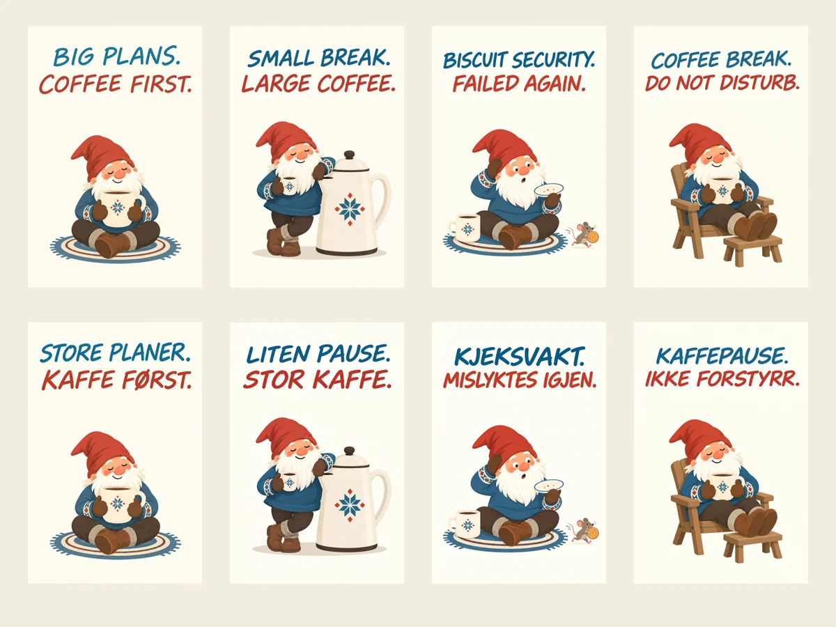 Bilingual gallery: four Nordic Coffee Break designs in English and Norwegian Bokmål