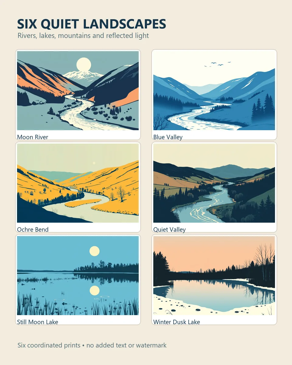 A grid showing all six Nordic Quiet Waters landscape designs: Moon River, Blue Valley, Ochre Bend, Quiet Valley, Still Moon Lake and Winter Dusk Lake