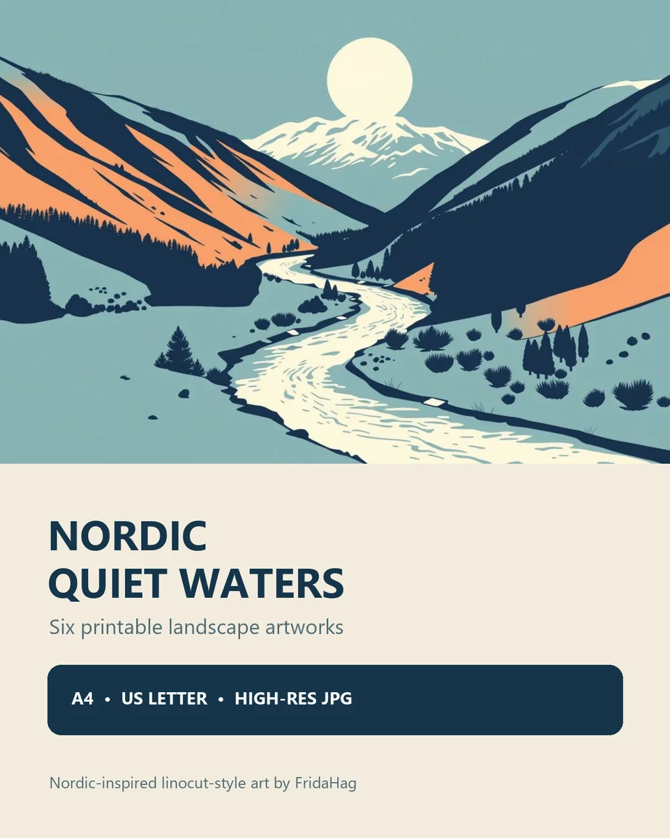 Six calm Nordic-inspired linocut-style river, mountain and lake landscapes in the Nordic Quiet Waters printable wall-art collection