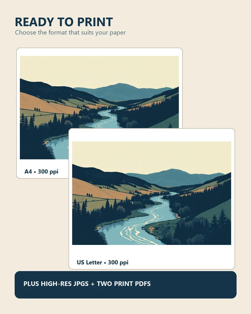 Nordic Quiet Waters printing options showing A4, US Letter, high-resolution JPG and print-PDF formats