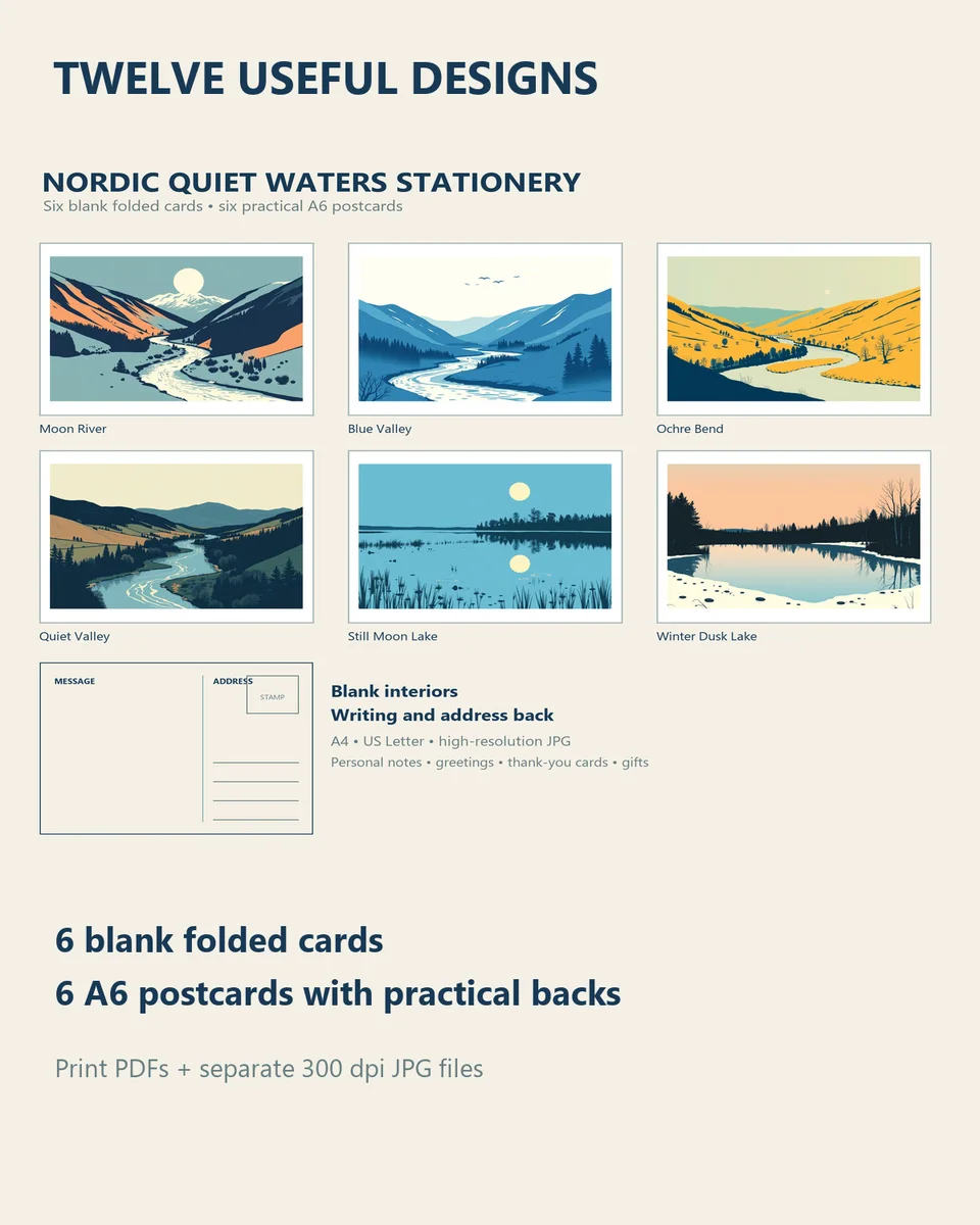 Overview of the six Nordic Quiet Waters folded cards, six A6 postcards, practical postcard backs and included print formats