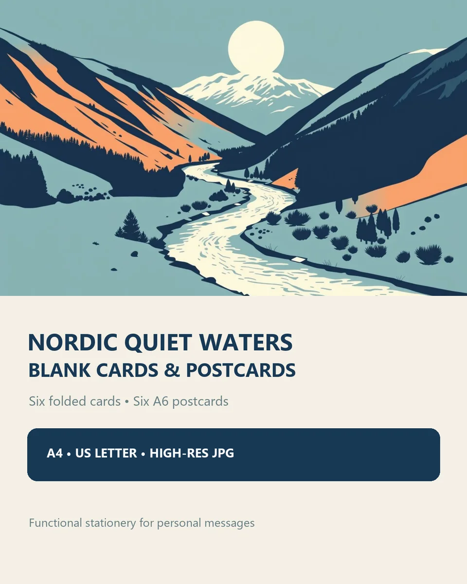 Nordic Quiet Waters printable blank cards and A6 postcards made from six quiet northern landscape artworks