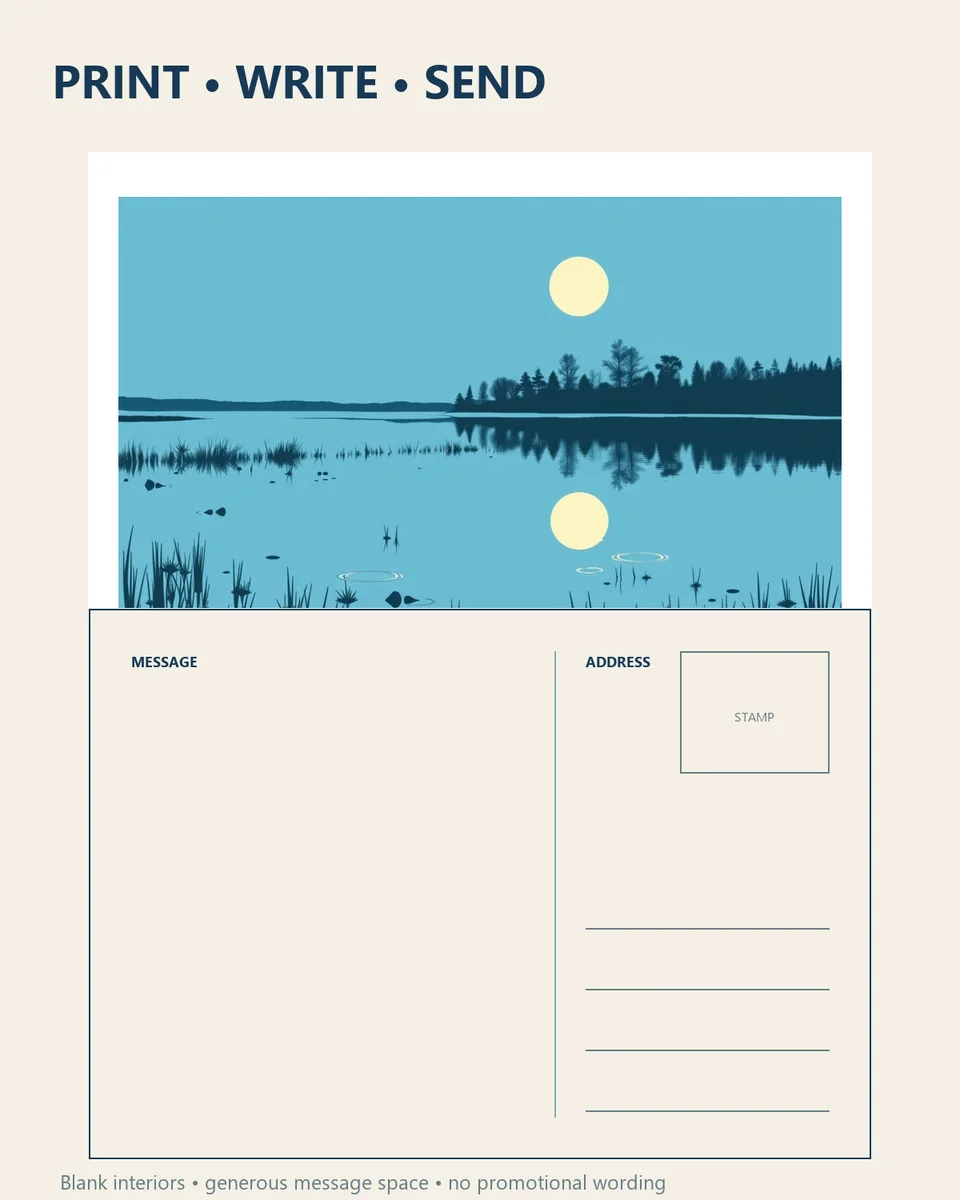 Nordic Quiet Waters stationery examples showing a folded blank card and an A6 postcard with message, address and stamp areas