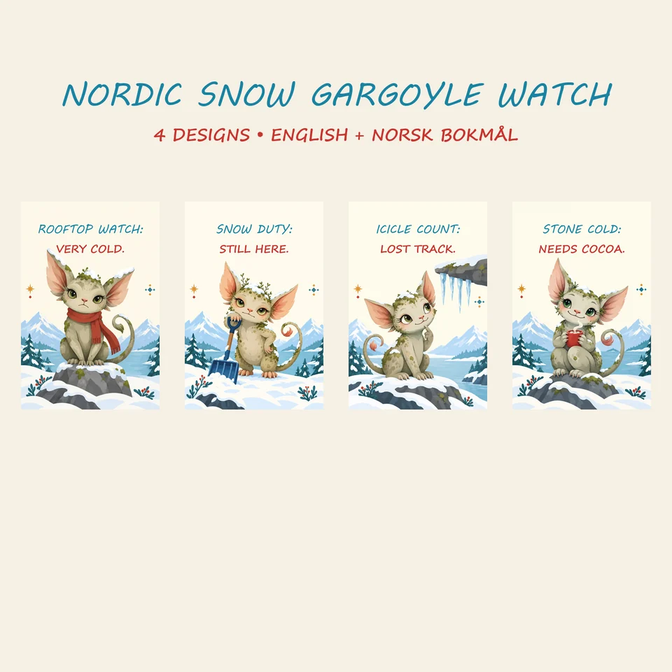 Four flat Scandinavian Christmas posters featuring Nordic snow gargoyles on cold rooftop watch