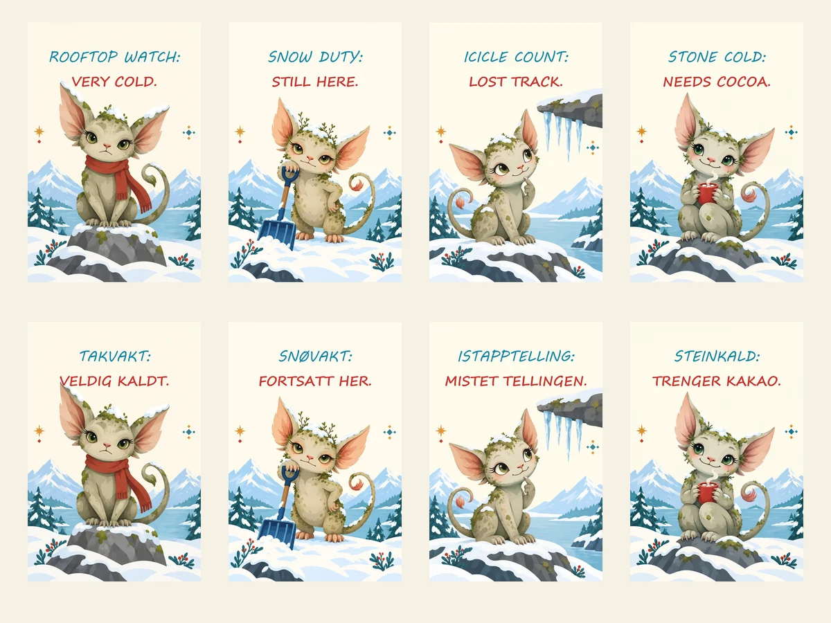 Bilingual gallery showing all eight four flat scandinavian christmas posters featuring nordic snow gargoyles on cold rooftop watch