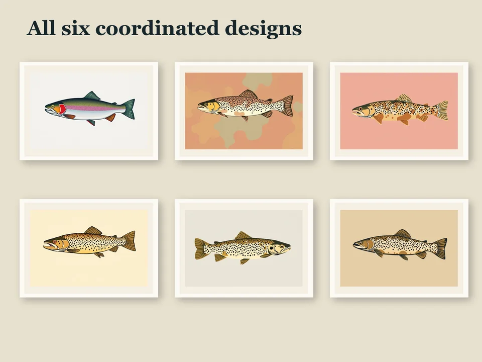 All six Nordic-inspired trout and salmon illustrations arranged as a coordinated printable collection