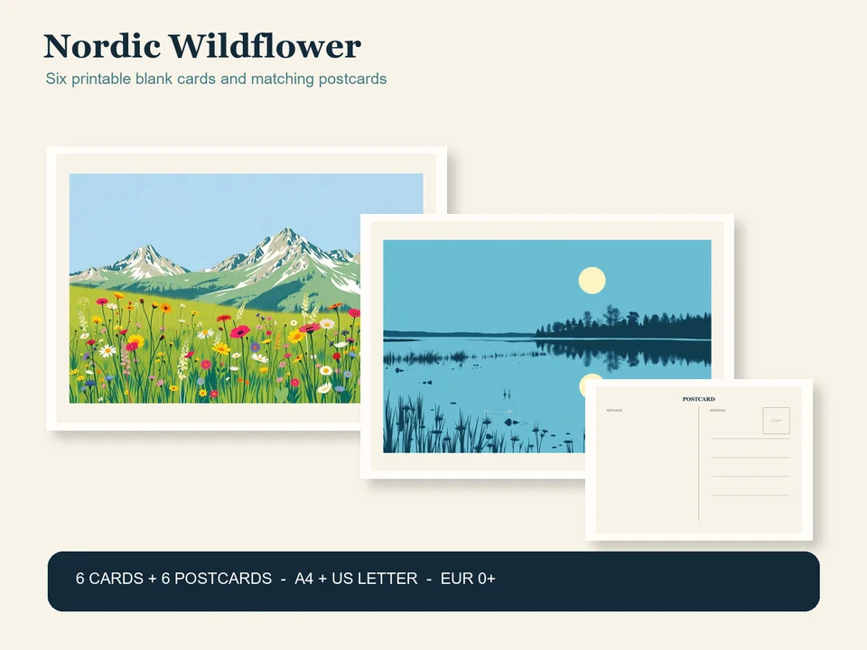 Overlapping Alpine Wildflowers and moonlit-water printable cards beside a postcard back and a banner describing six cards, six postcards, A4 and US Letter, and EUR 0+
