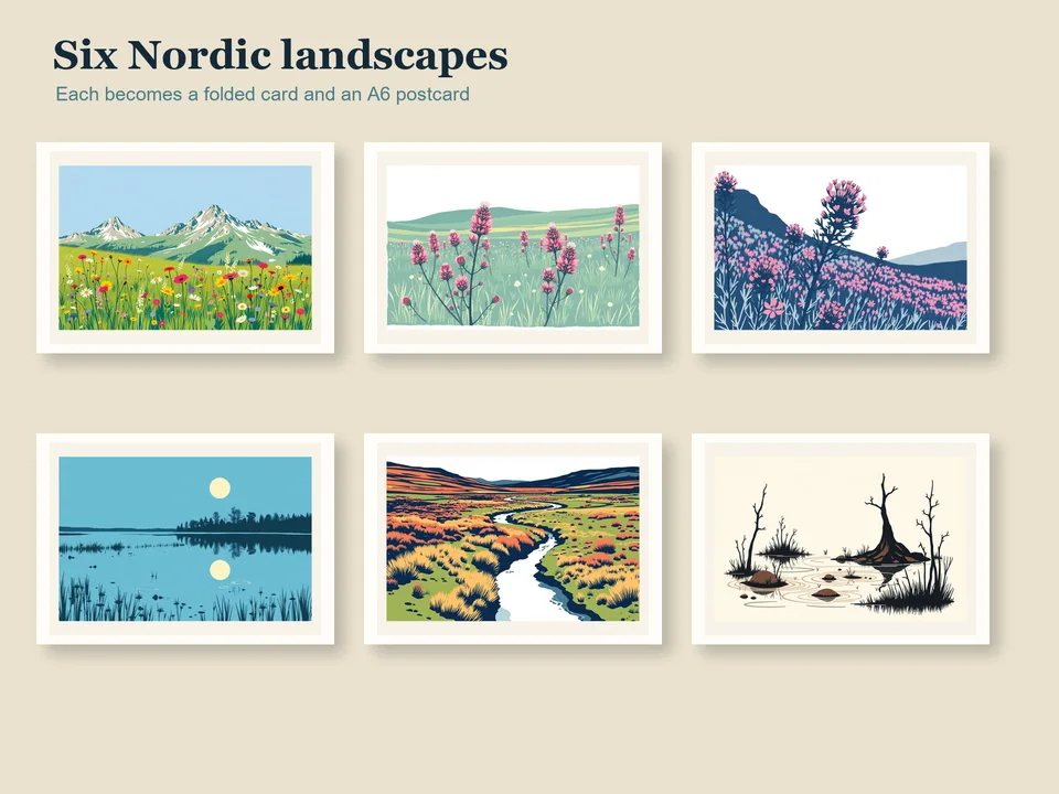 All six Nordic-inspired wildflower, water and tundra landscapes arranged in a two-row gallery grid