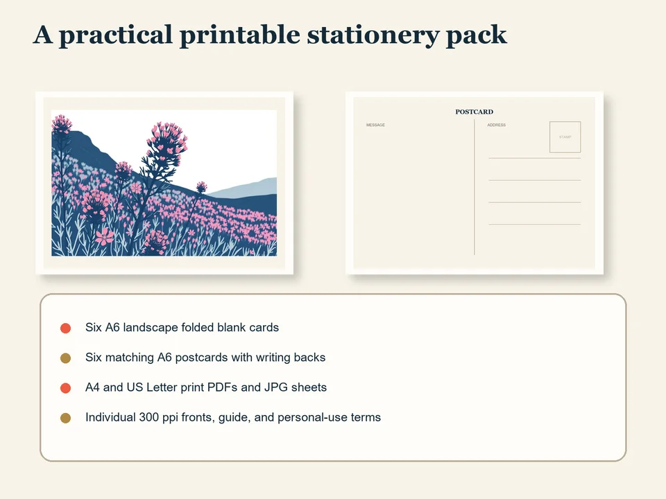 A pink tundra-bloom postcard front beside its practical message-and-address back, with a list of included card, postcard, PDF, JPG and guide files