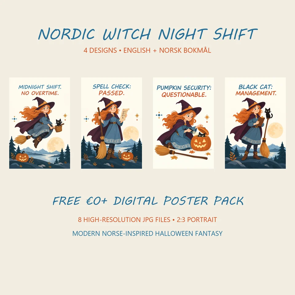 Four flat Scandinavian Halloween posters featuring a friendly Nordic witch and black cat