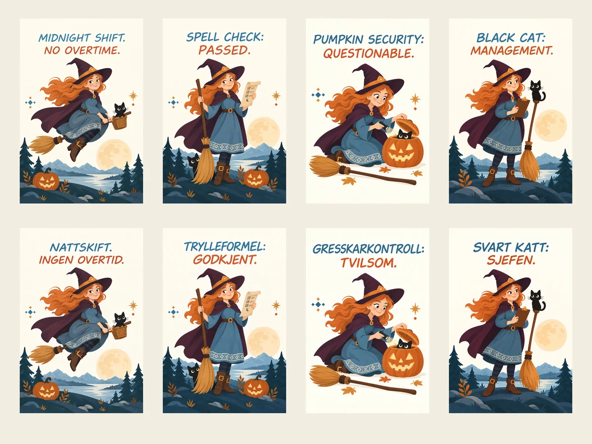 Bilingual gallery showing four designs in English and Norwegian Bokmål: four flat scandinavian halloween posters featuring a friendly nordic witch and black cat