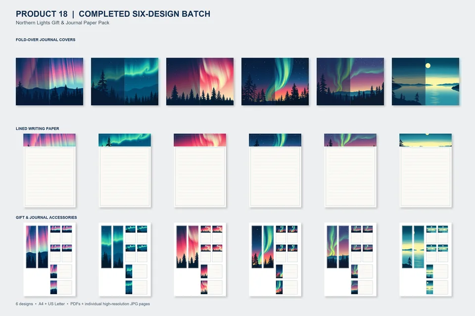 Six Northern Lights designs shown as journal covers, lined writing paper, bookmarks, gift tags and blank message cards