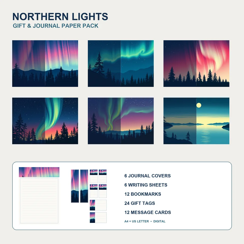 Six coordinated Northern Lights fold-over journal covers with examples of writing paper, bookmarks, gift tags and blank message cards
