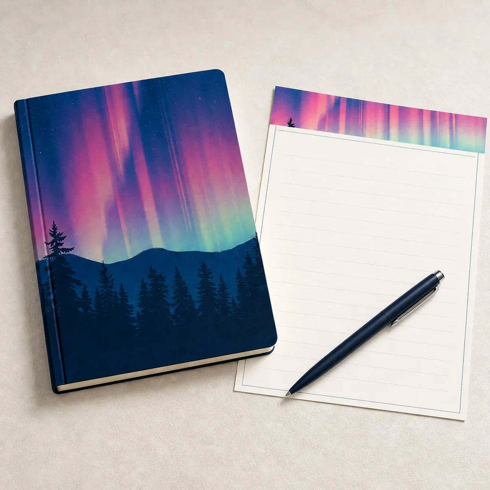 Closed journal with a colourful Northern Lights cover beside a blank lined aurora writing page and a dark navy pen