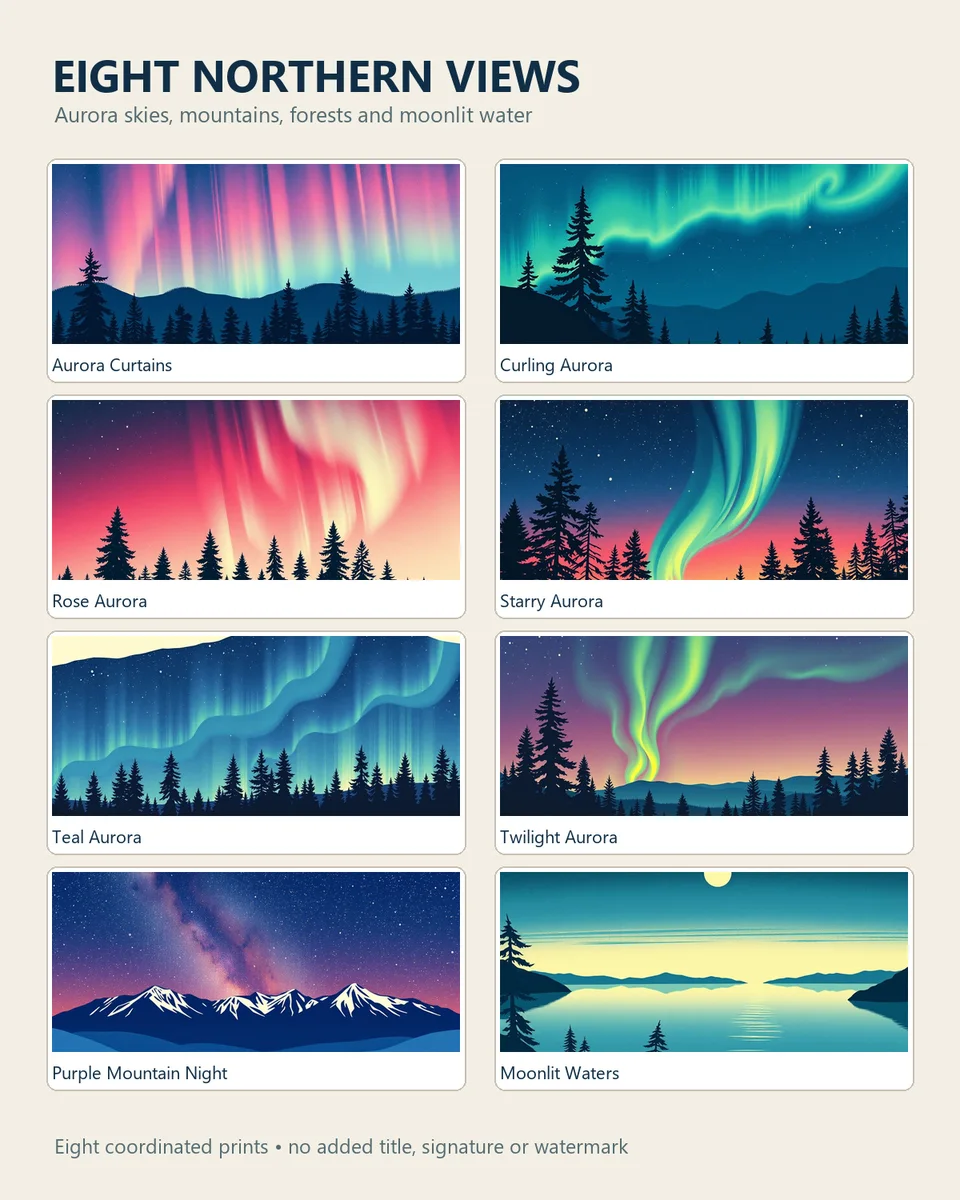 A grid showing all eight Nordic-inspired northern-lights landscapes in the collection