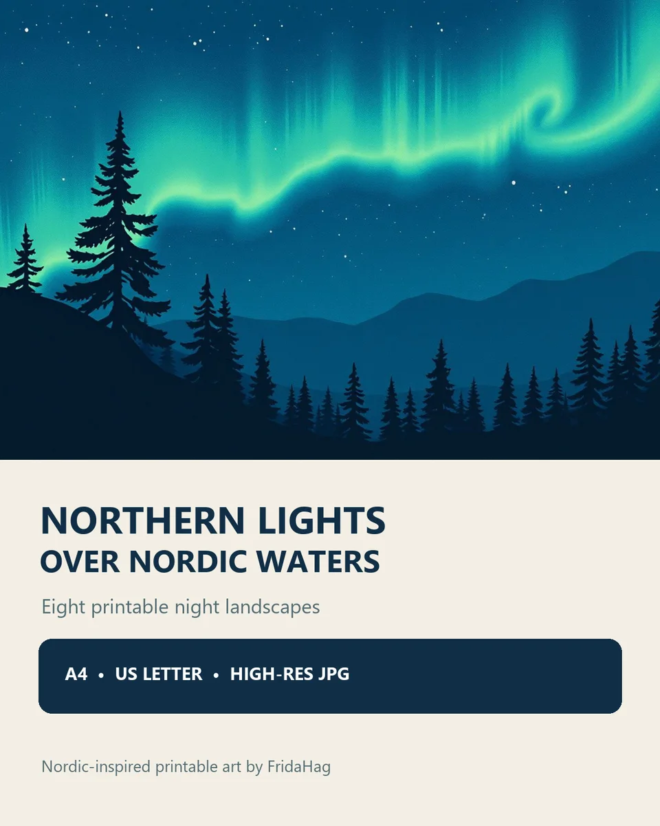 Eight Nordic-inspired northern-lights landscapes with aurora skies, dark forests, mountains and moonlit water