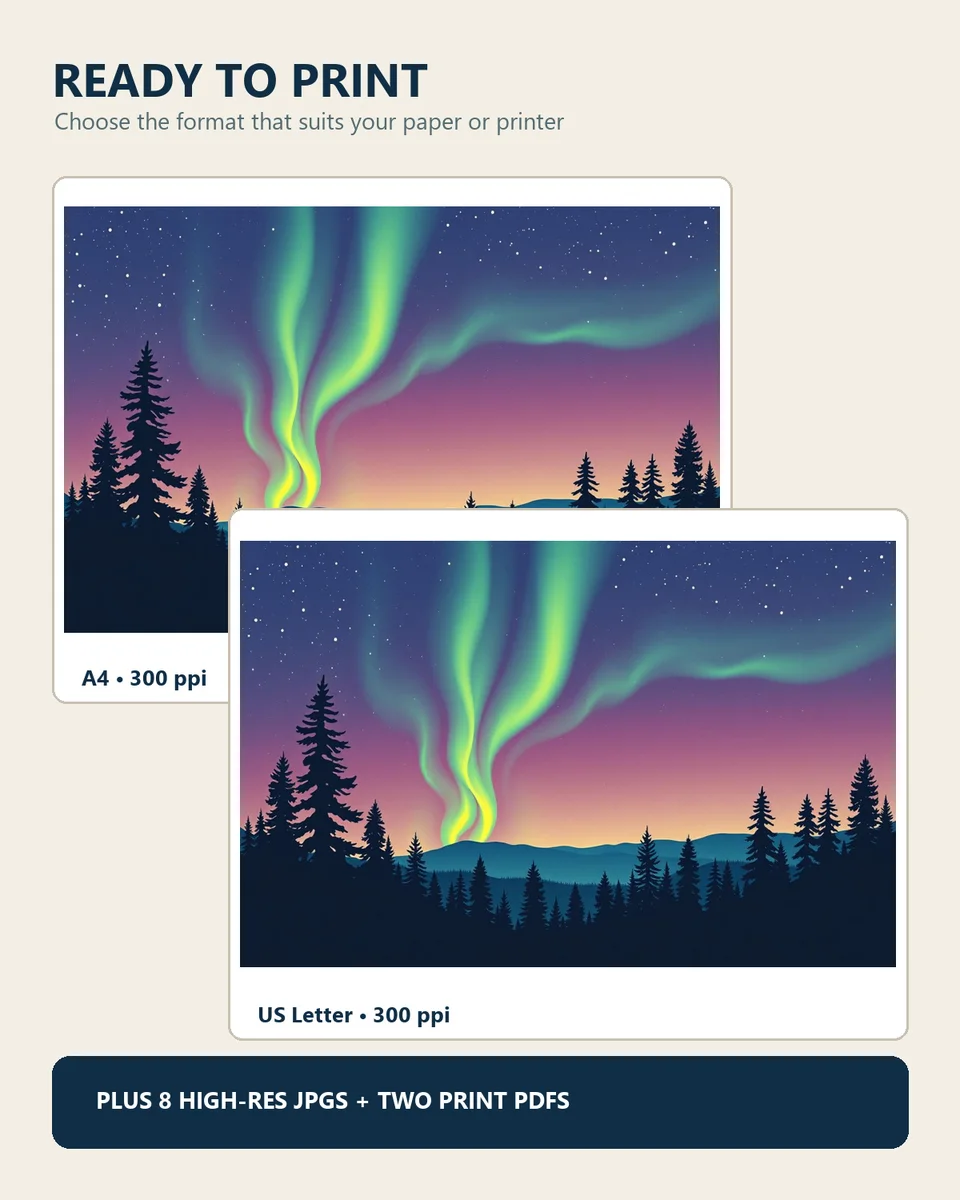 Northern Lights over Nordic Waters printing options showing A4, US Letter, high-resolution JPG and print-PDF formats