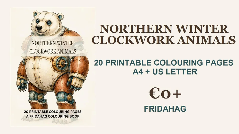 Northern Winter Clockwork Animals colouring book cover with a gentle clockwork polar bear in a snowy landscape