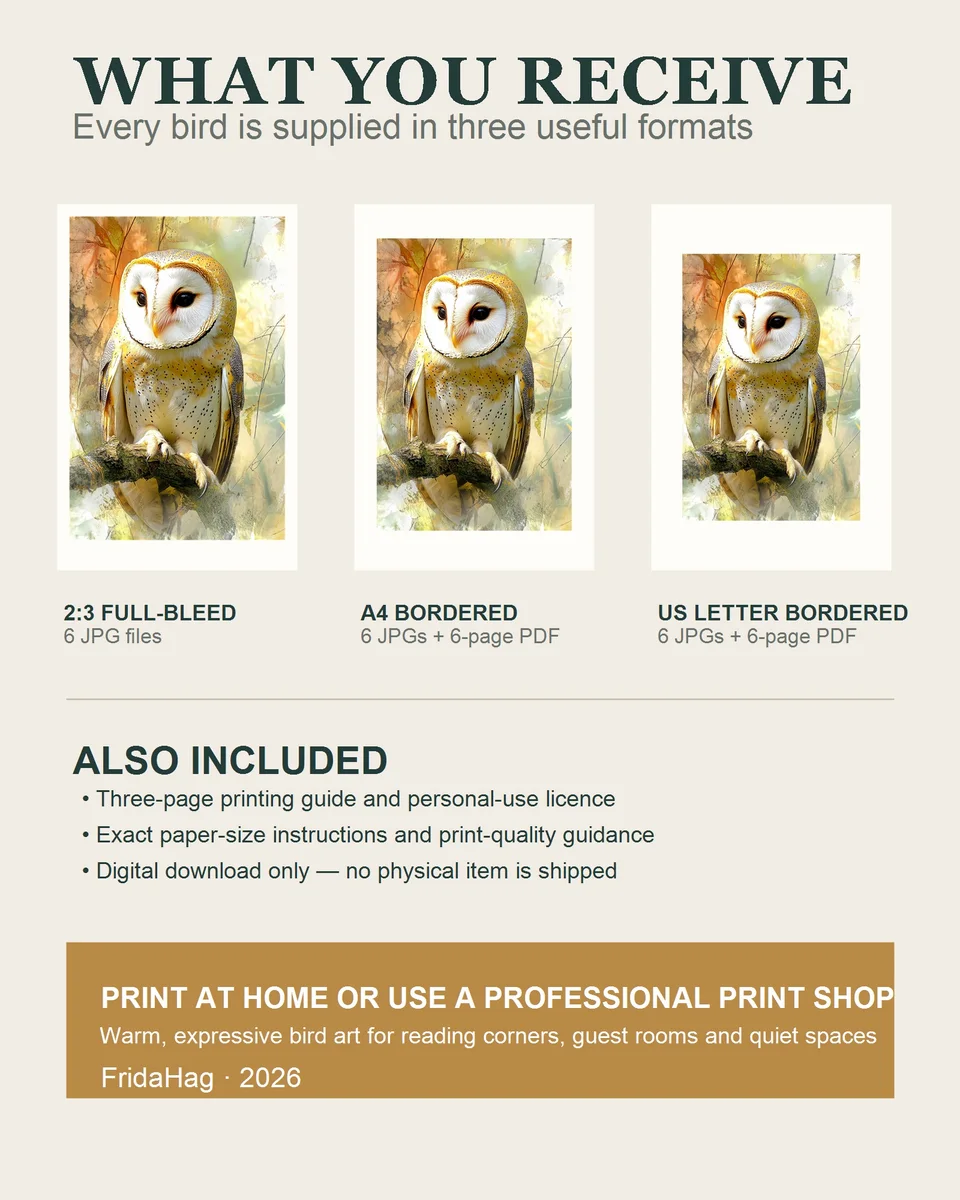 Contents of the Painterly Birds collection showing the six artworks and supplied print formats