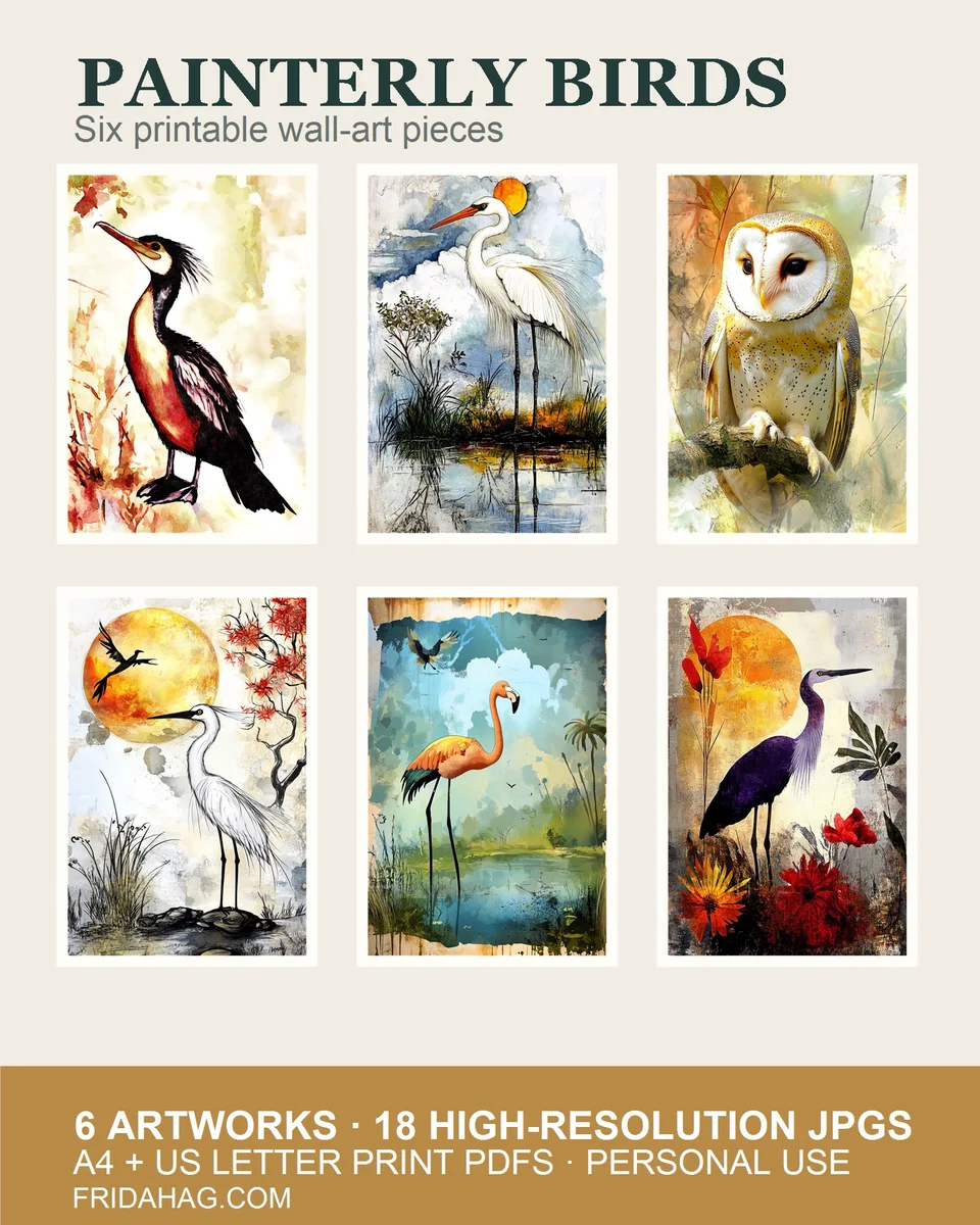 Six painterly bird artworks presented as a printable wall art collection