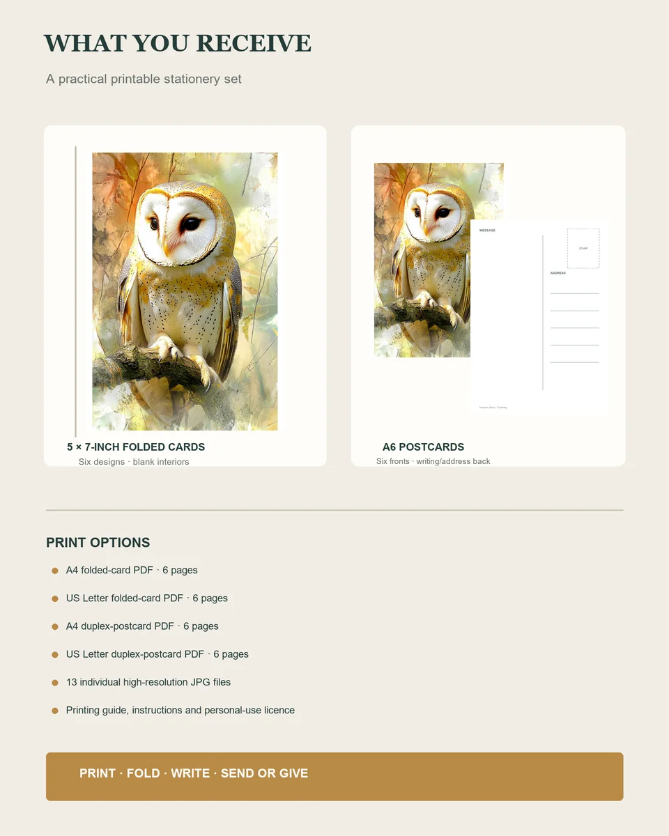A blank folded barn-owl card, matching postcard front and practical postcard back, with the included print formats listed.