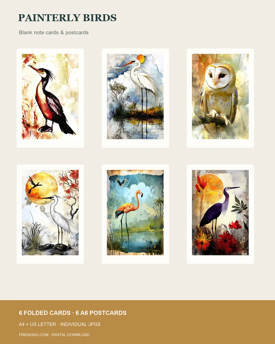 Six painterly bird designs arranged as printable folded note cards and A6 postcards, beside a practical postcard writing and address back.