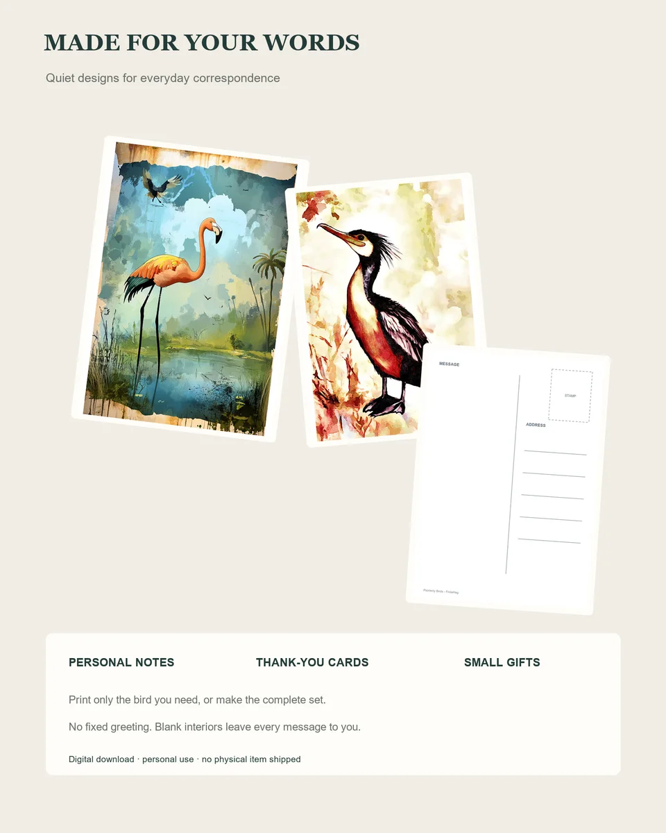 Painterly flamingo and cormorant cards beside a postcard address back, for notes, thank-yous and small gifts.