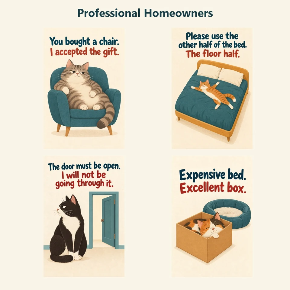 Professional Homeowners: four cat poster designs