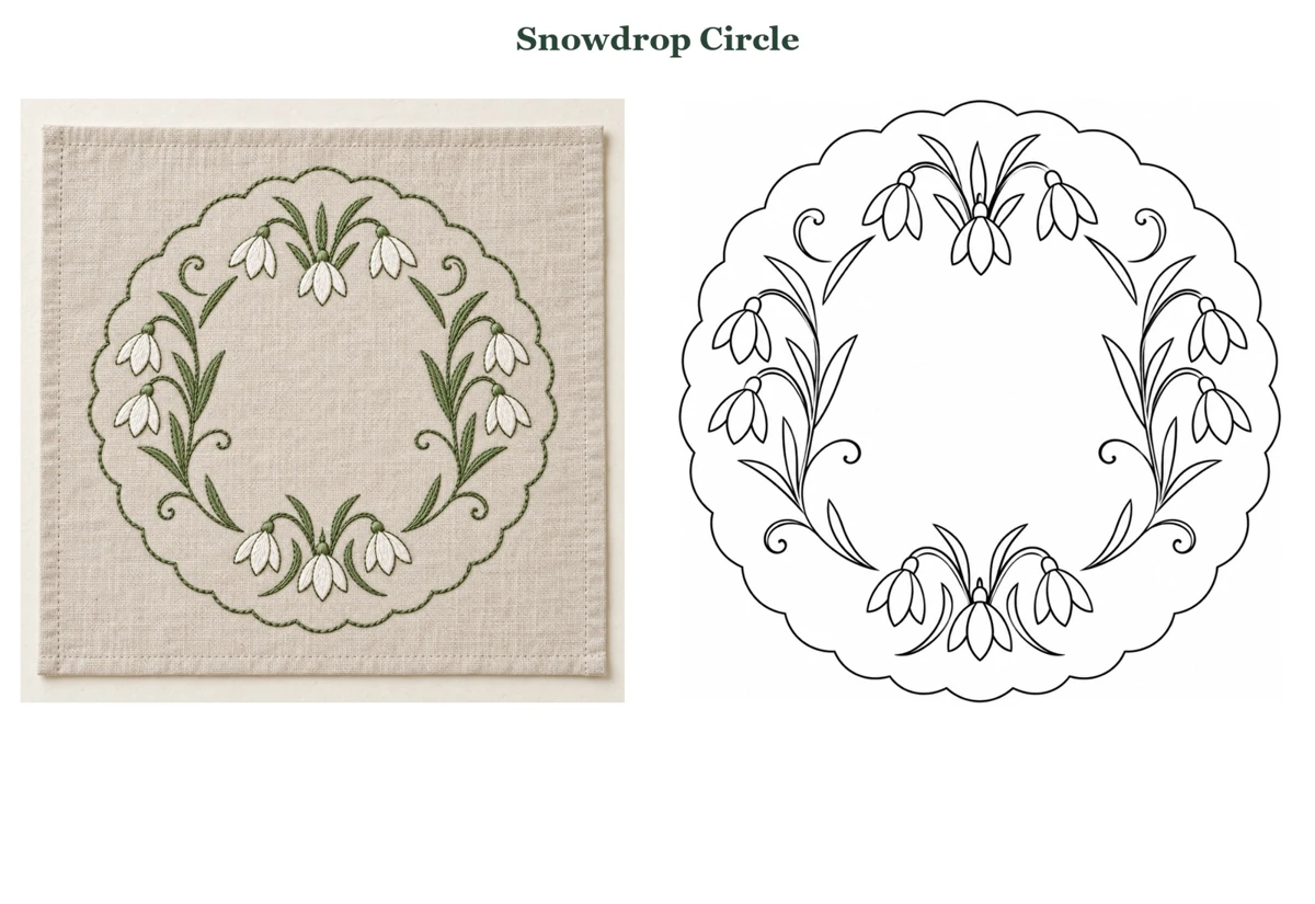 Snowdrop Circle finished-use idea beside its outline