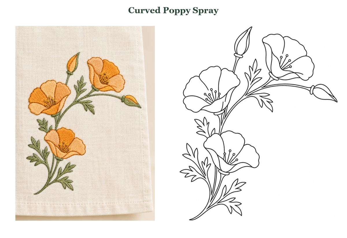 Curved Poppy Spray finished-use idea beside its outline