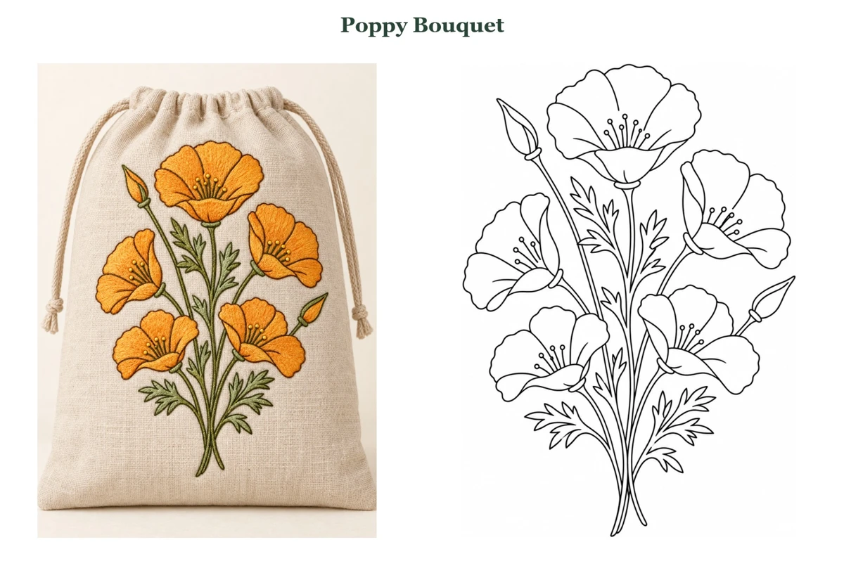 Poppy Bouquet finished-use idea beside its outline