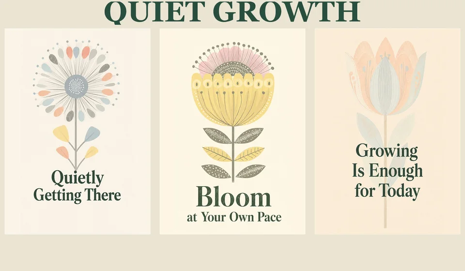Three softly faded Scandinavian-style botanical affirmation posters