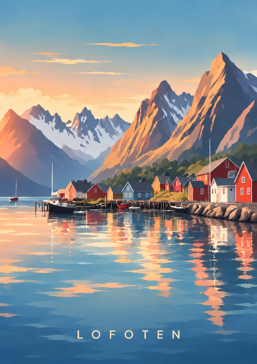 Golden Village portrait illustration with LOFOTEN lettering
