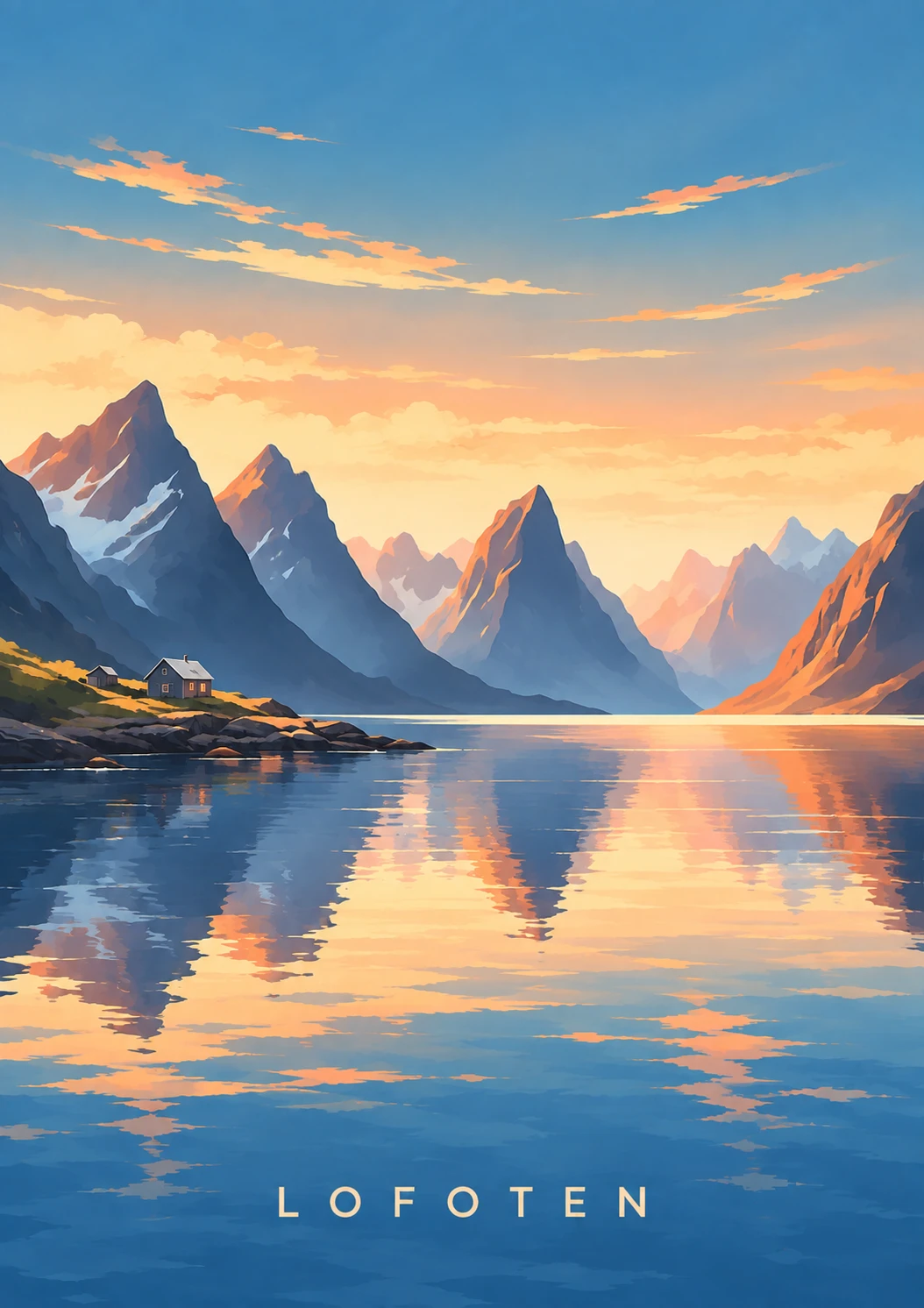 Golden Fjord portrait illustration with LOFOTEN lettering