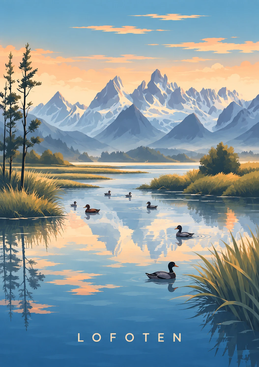 Mountain Lake portrait illustration with LOFOTEN lettering