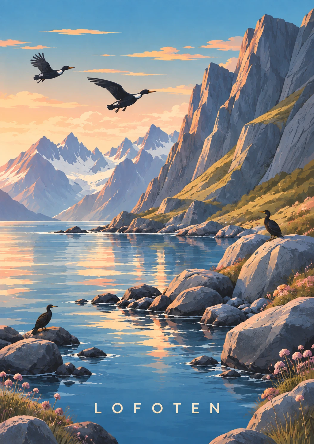 Seabird Coast portrait illustration with LOFOTEN lettering